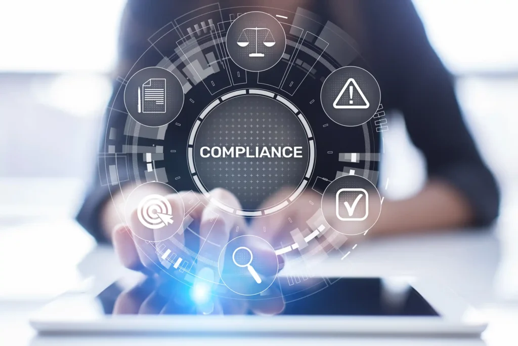 Person interacting with a tablet device with a compliance circular graphic with six icons (weighing scales, warning, checkmark, magnifier, target and pen and paper) on the front