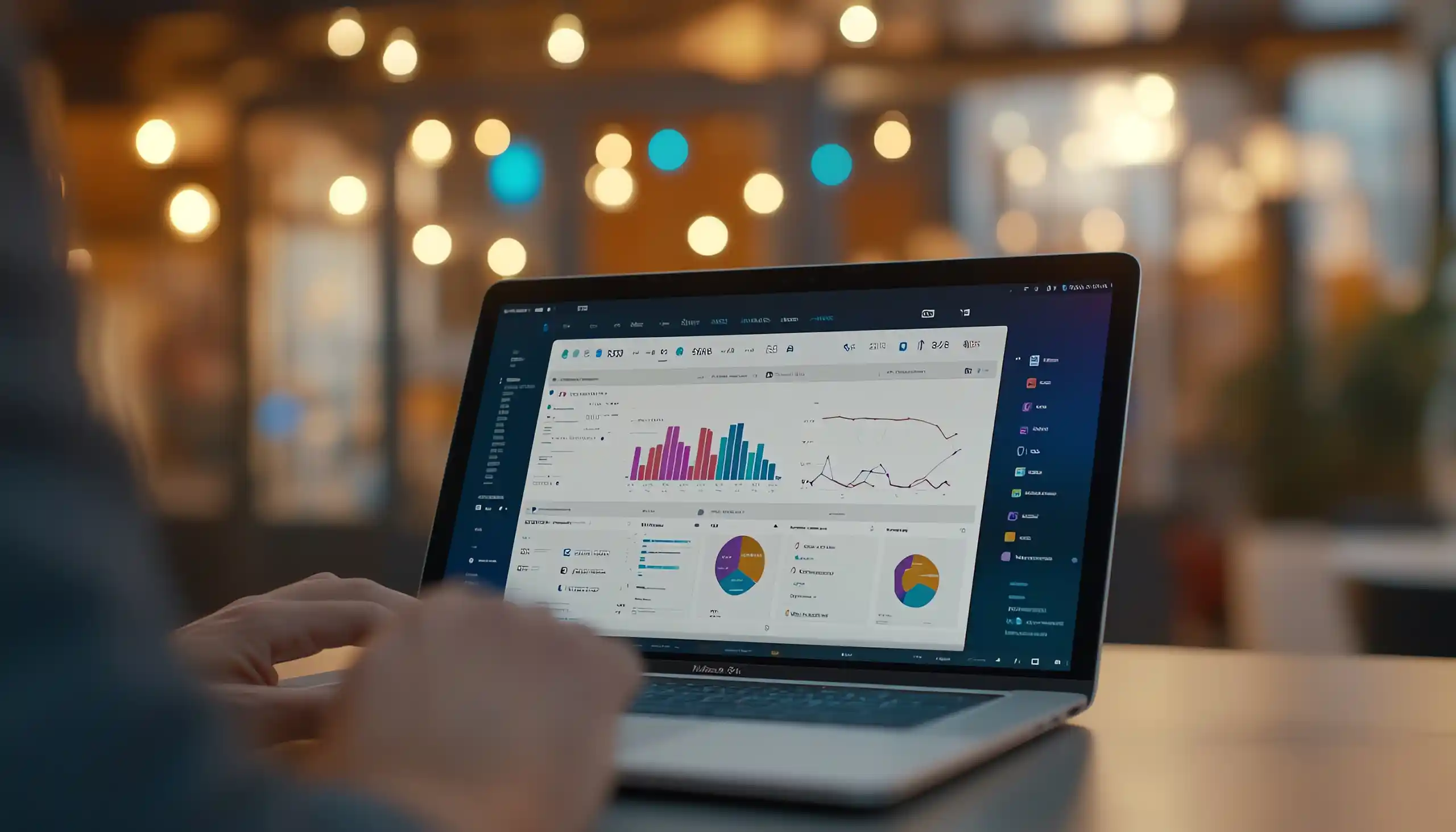 Hands typing on a laptop showing various graphs and charts