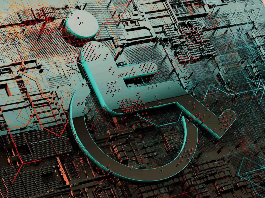 Person on wheelchair symbol on top of an electronic circuit board