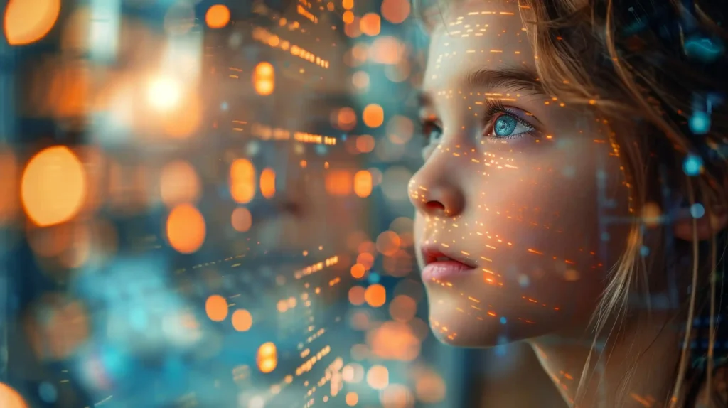 Blond blue-eyed girl looking to her right outside a window with many amber light reflections