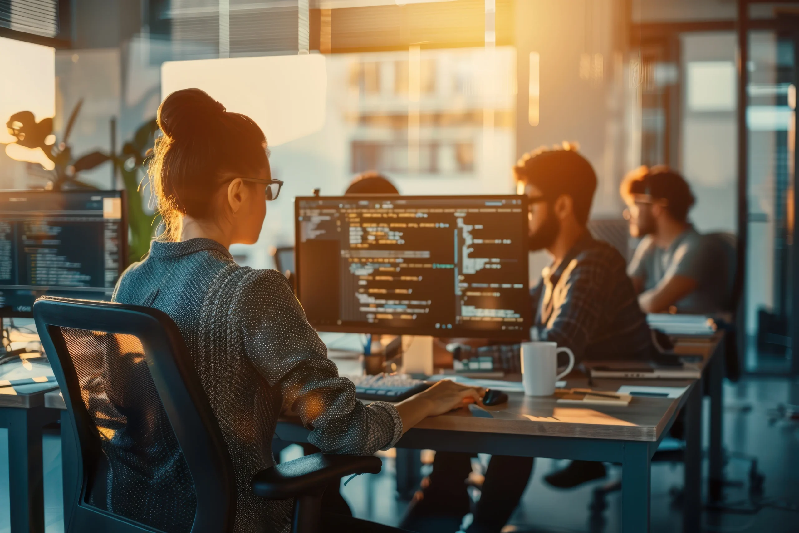 Office with IT workers with warm light shining through with foreground showing a female on a PC looking at computer code