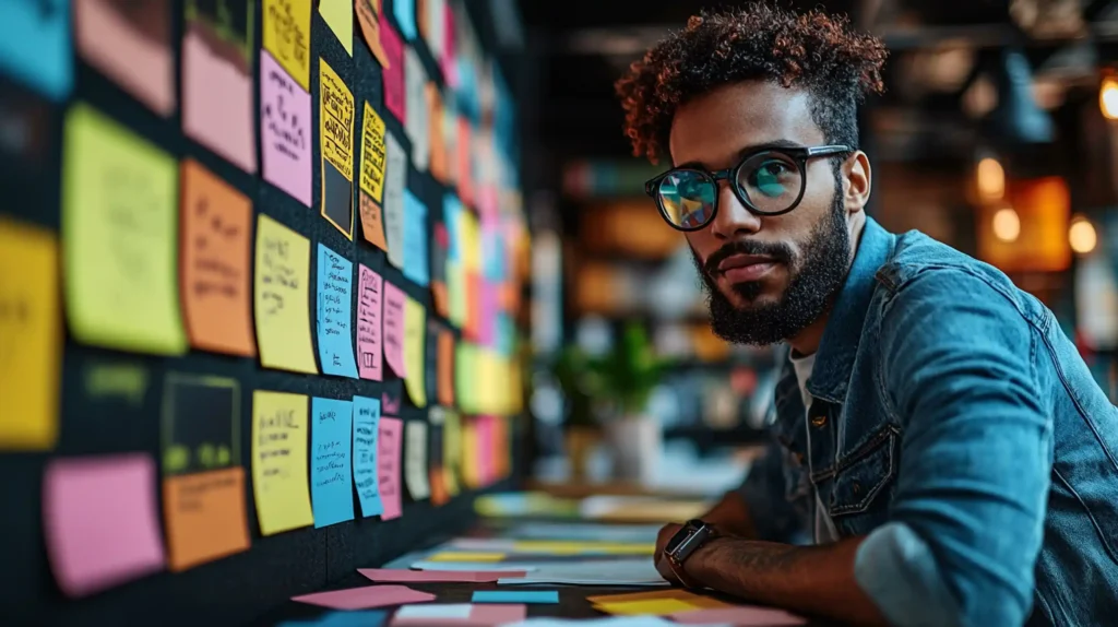 Man with glasses seated at a desk, looking left, with a wall covered in post-it notes in front of him