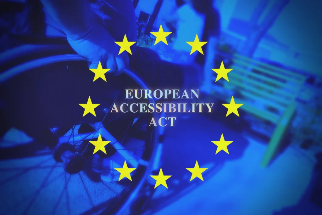European Union stars encircling the text "European Accessibility Act" with a blurred wheelchair in the background.