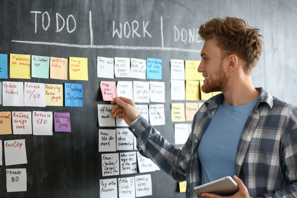 Smiling man in a plaid shirt pointing at sticky notes on a chalkboard-style agile board, with columns labeled To Do, Work, and Done.