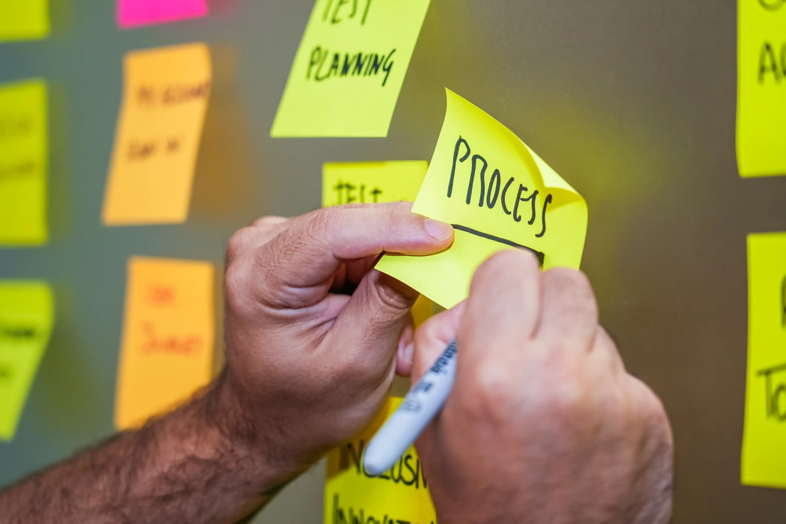 Close-up of a person writing the word "PROCESS" on a yellow sticky note, with other notes on a wall mentioning test planning and inclusion.