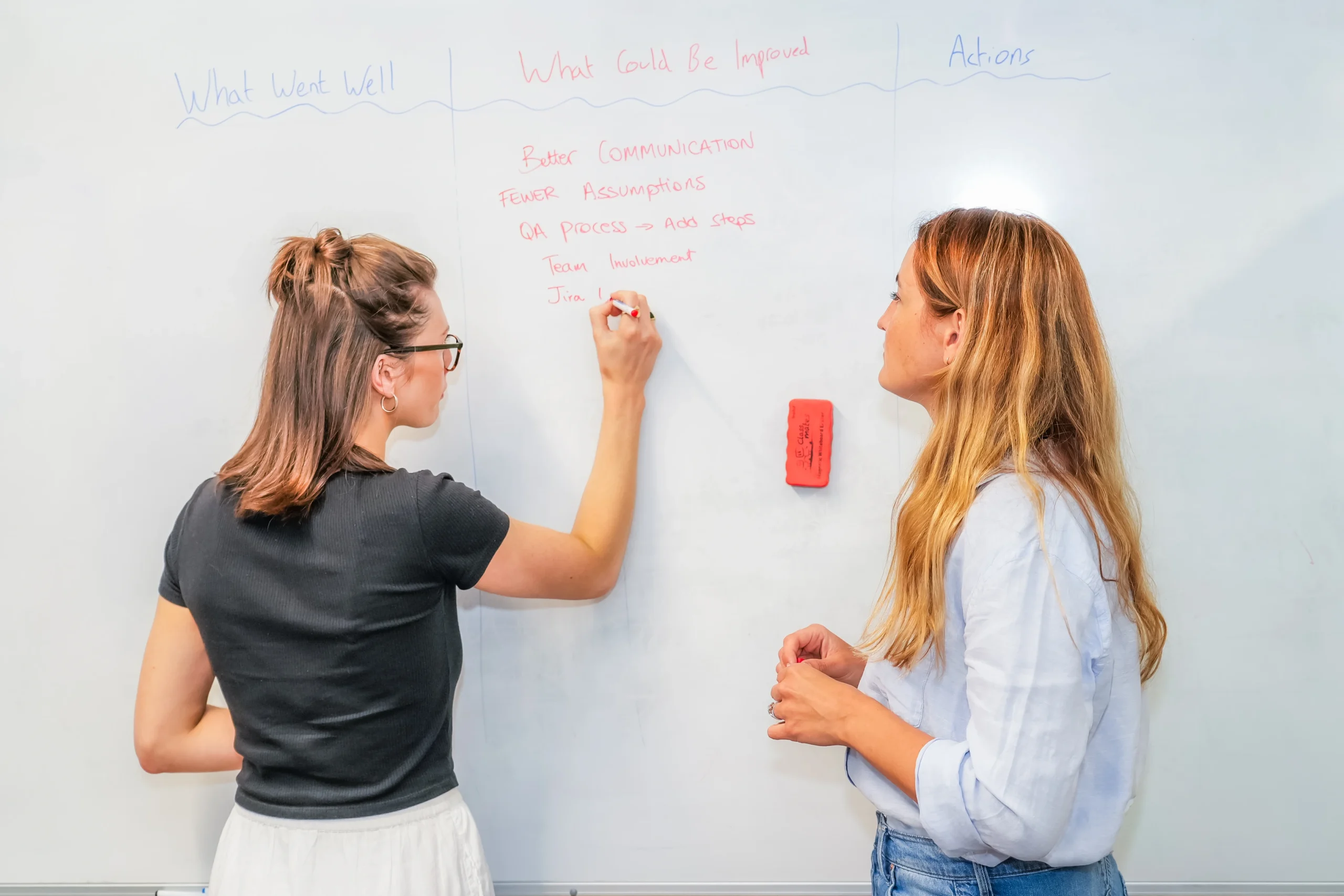 Two women collaborate at a whiteboard during a retrospective, writing under columns titled "What Went Well", "What Could Be Improved", and "Actions".
