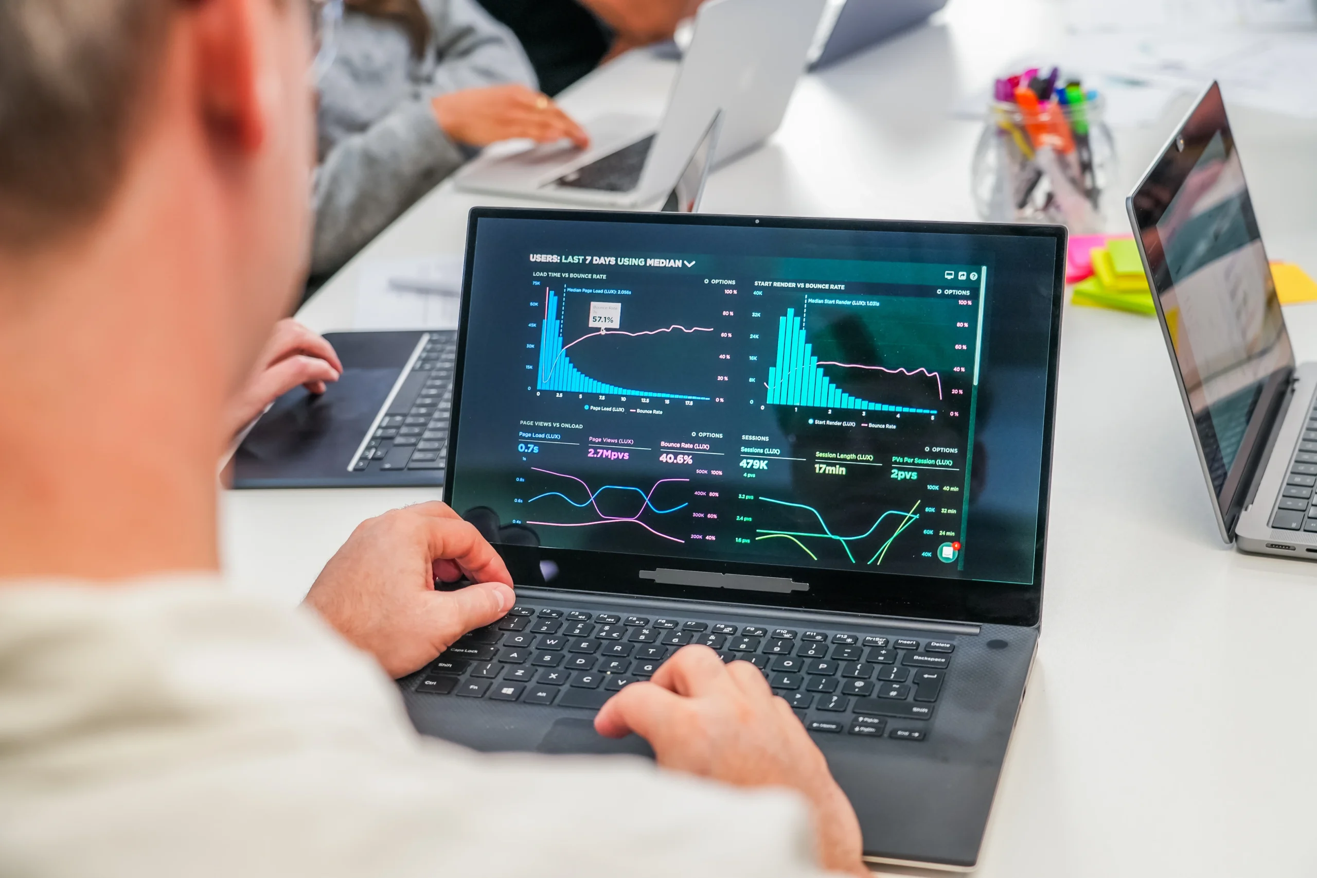 Close-up of a person viewing accessibility performance dashboards with charts and metrics on a laptop screen, surrounded by others working on laptops.